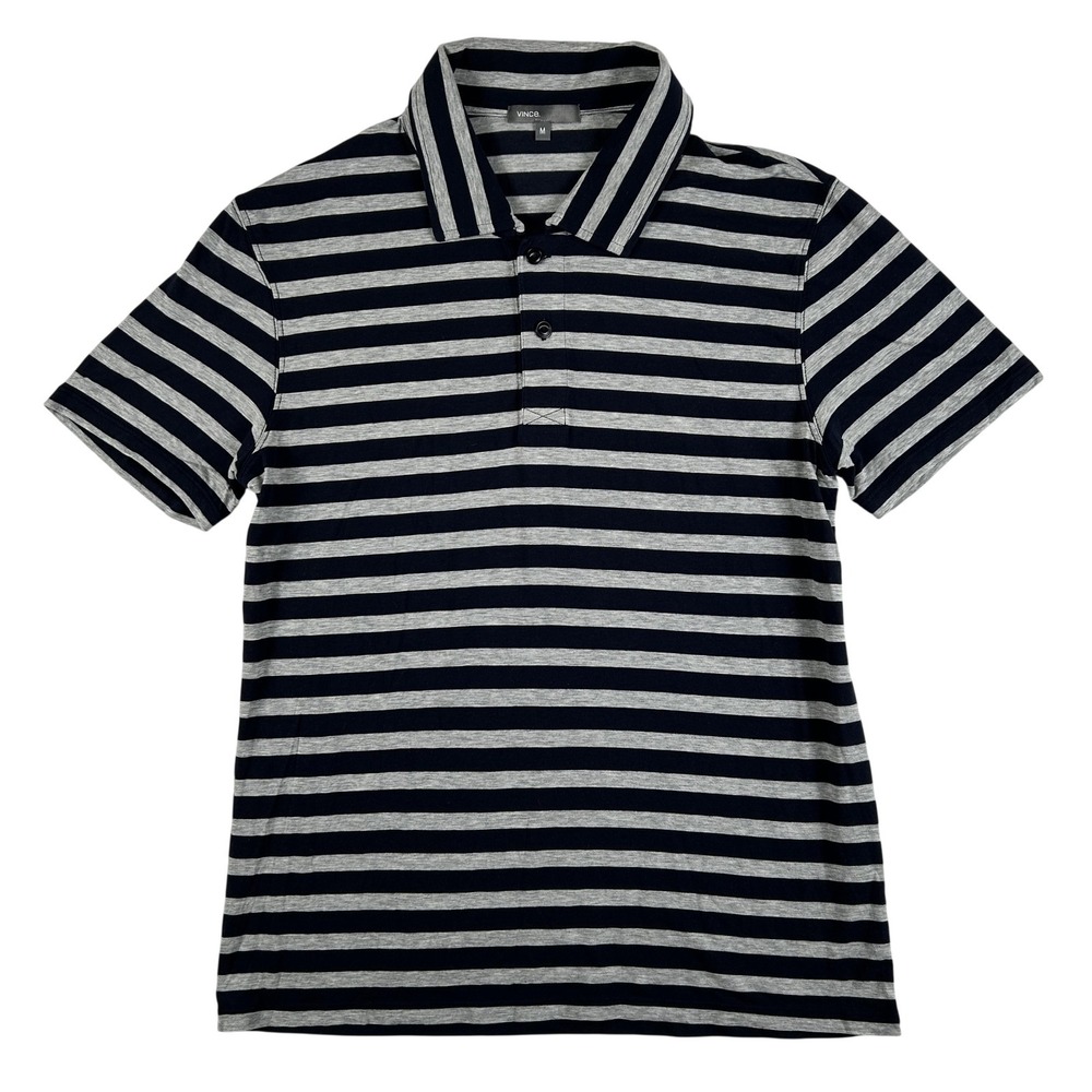 Vince‎ Polo Shirt Mens Medium Navy Gray Stripe Pima Cotton Stretch Short Sleeve